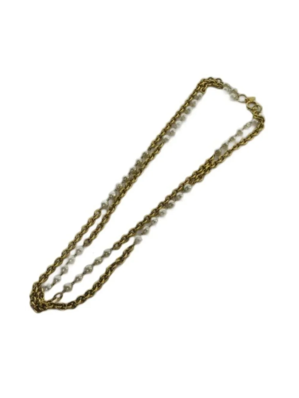 Chanel Necklace Logo Chain Faux Pearl Double Strand Gold